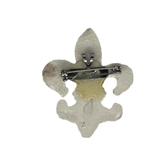 Vintage Beige Fleur de Lis Brooch Pin Crackled Glass Jewelry Retro Classy 2" - Picture 3 of 6